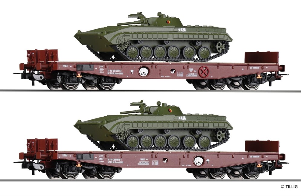 Tillig 70058 2er Set Schwerlastwagen Rmms 3960 mit 2 Panzern BMP-1 „NVA“ Ep. IV DR