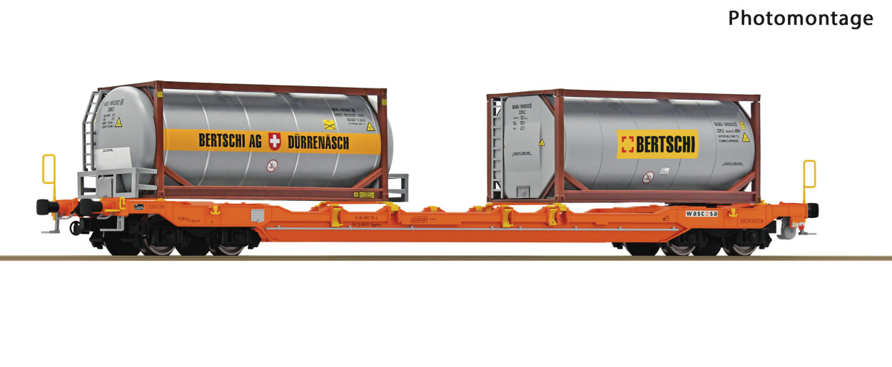 Roco 6600067 Taschenwagen T5 mit Tank-Containern Bertschi Ep. VI Wascosa