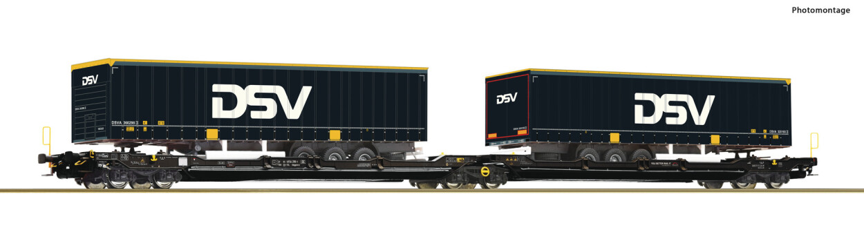 Roco 6600034 Doppeltaschen-Gelenkwagen T3000e + LKW-Aufliegern DSV Ep. VI TX