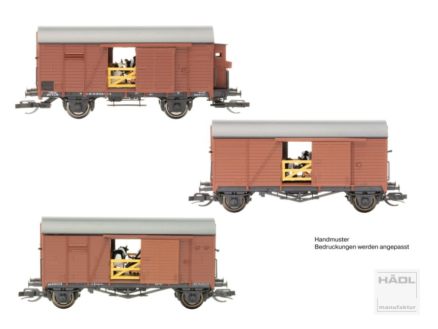 HÄDL 115613 3er-Set Gedeckte Güterwagen mit Kühen Ep. III DR