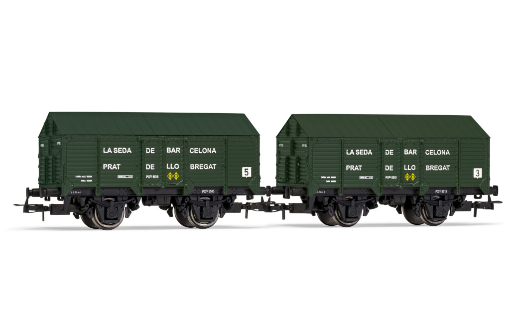 Electrotren E19035  2er Set gedeckte Güterwagen grün La seda de Barcelona Ep. II  RENFE