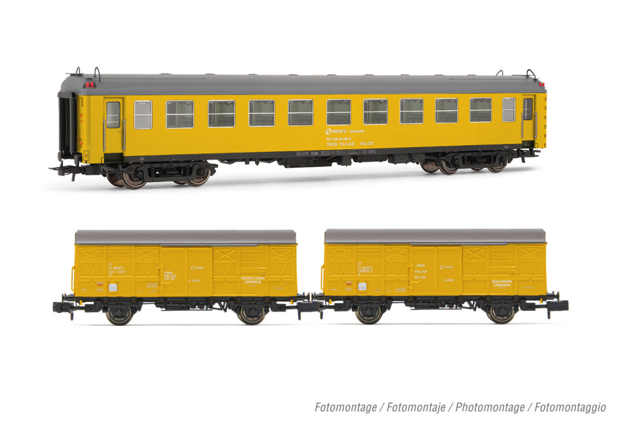Arnold HN4456  3er-Set Dienstzug Personenwagen 5000 + Güterwagen J2 gelb Ep. V  RENFE