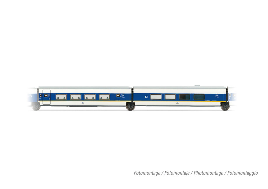 Arnold HN4464  2er-Set Personenwagen Talgo 200 weiss-blau 1.Kl. + Barwagen Ep. V  RENFE