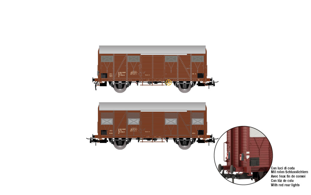 Rivarossi HR6645  2er-Set Gedeckte Güterwagen Gs mit Schlusslichtern  Ep. IV  FS