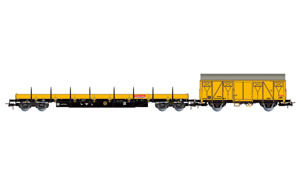 Rivarossi HR6647  2er-Set Flachwagen Res mit Schwellen + Bauwagen Gs DB-Bahnbau gelb  Ep. V-VI  DB AG