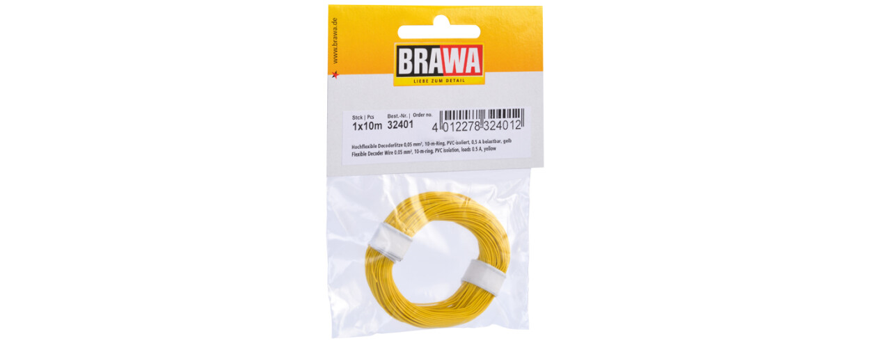 Brawa 32401  Hochflexible Decoderlitze 0,05 mm²  gelb  - 10m-Ring
