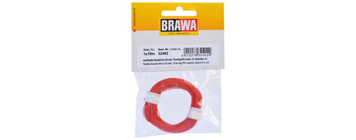 Brawa 32402  Hochflexible Decoderlitze 0,05 mm²  rot  - 10m-Ring