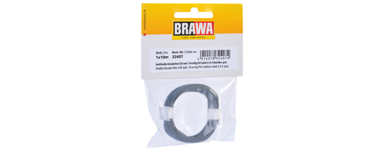 Brawa 32407  Hochflexible Decoderlitze 0,05 mm²  grau  - 10m-Ring