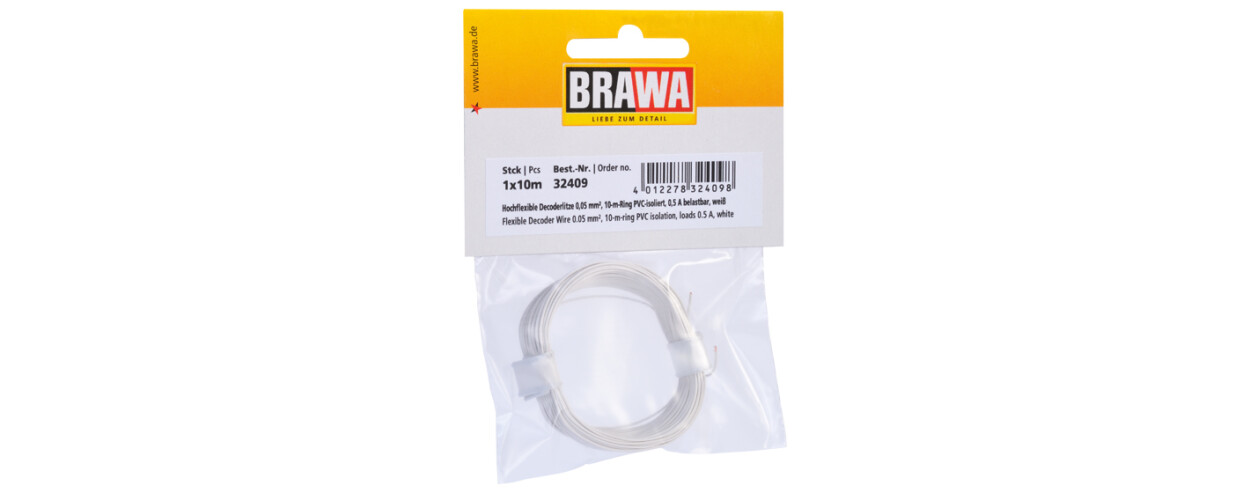 Brawa 32409  Hochflexible Decoderlitze 0,05 mm²  weiß  - 10m-Ring