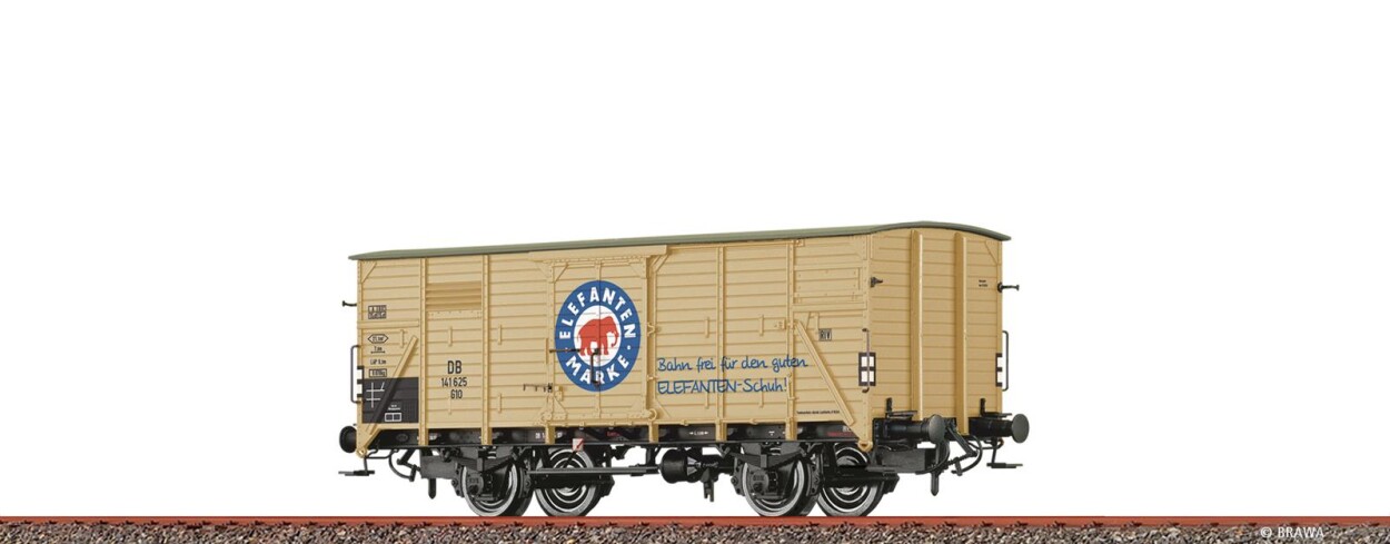 Brawa 49818  Gedeckter Güterwagen G10 „Elefanten Schuhe”  141 625  Ep. III DB