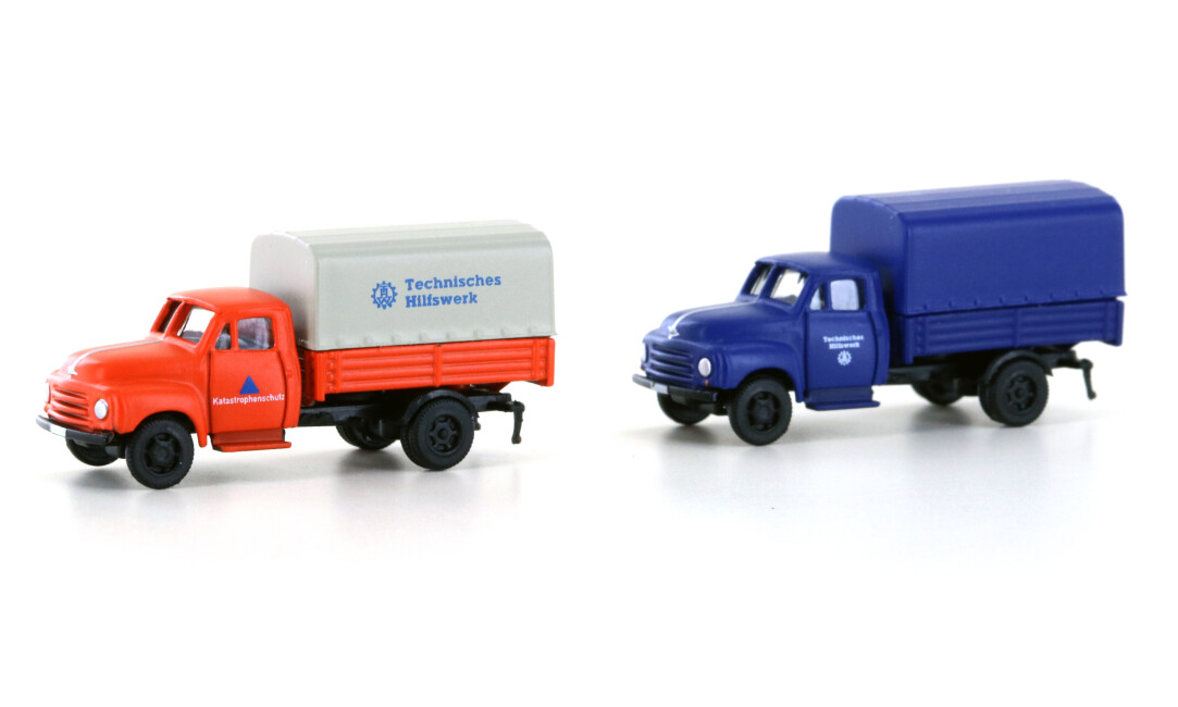 MiNis LC3235  2er-Set Opel Blitz Pritsche / Plane THW + Katastrophenschutz