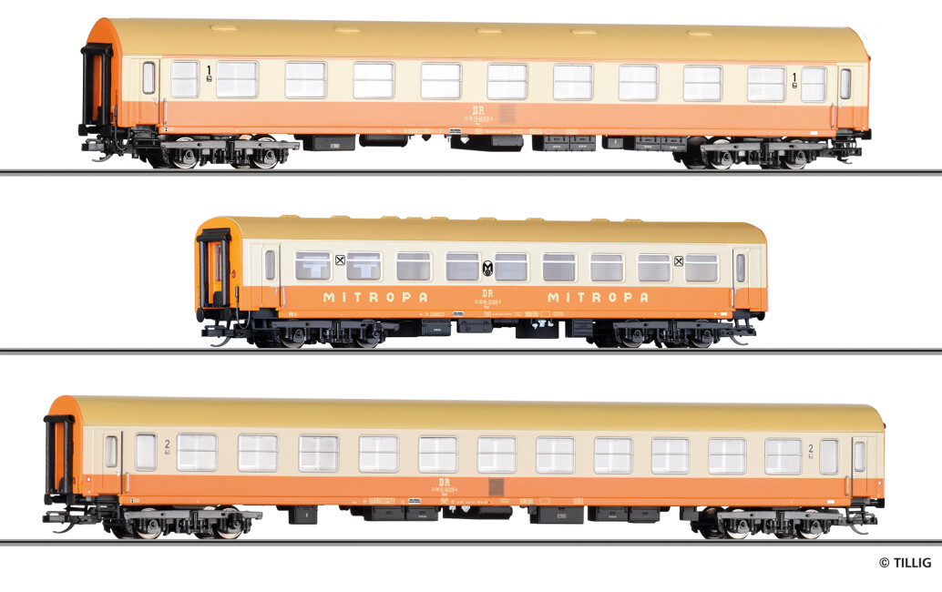 Tillig 01805 Reisezugwagenset „Städteexpress“ der DR, bestehend aus einem Reisezugwagen Typ Y/B70, einem Speisewagen und einem Reisezugwagen Bauart Halberstadt, Ep. IV