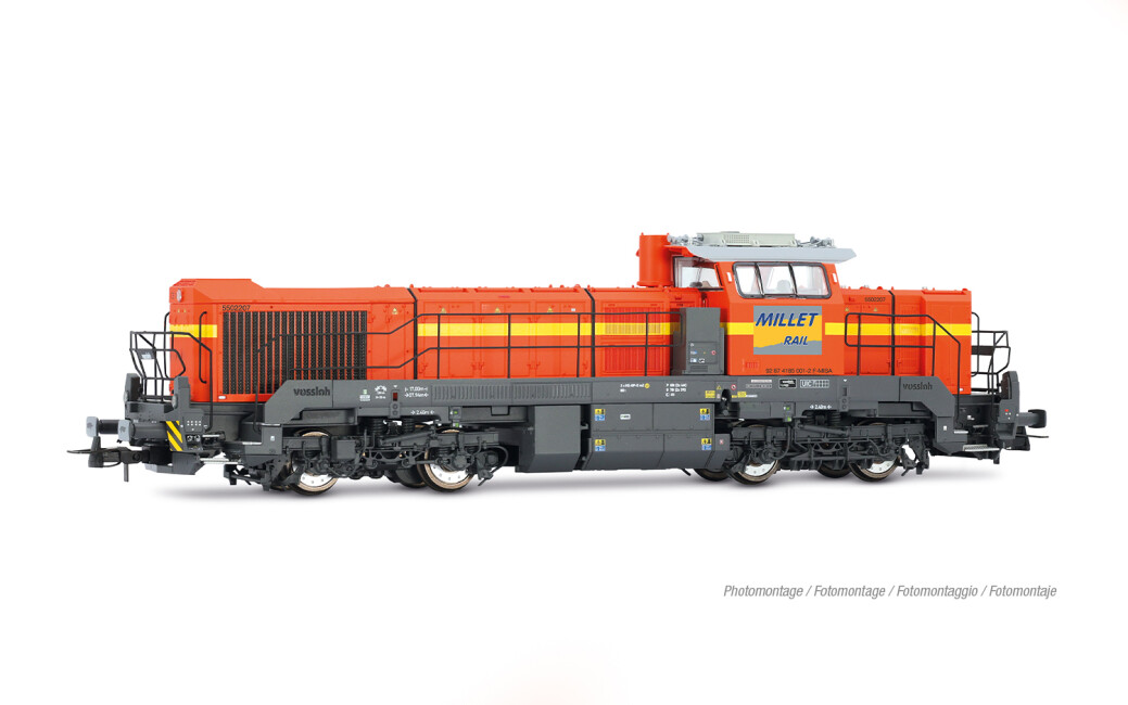 Jouef HJ2472S Millet Rail, dieselelektrische Lokomotive des Typs Vossloh DE 18, orange/grau Farbgebung, Ep. VI, mit Sounddecoder und Digitalkupplungen