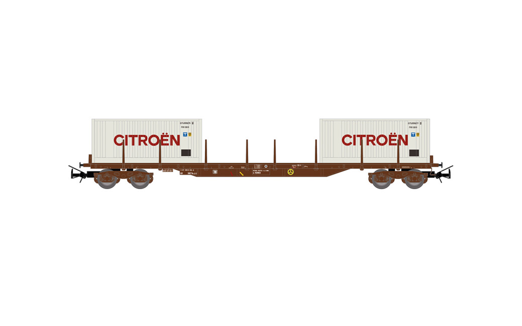 Jouef HJ6310 SNCF, 4-achs. Flachwagen Typ Rs mit 2 x 20-Containern „Citroën“, in weißer Farbgebung, Ep. IV