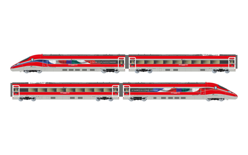 Arnold HN2621D FS Trenitalia, 4-tlg. Grundset des Hochgeschwindigkeitszugs „Frecciarossa 1000“, mit „Le plaisir dun voyage nouveau“-Werbung, Ep. VI, mit DCC-Decoder