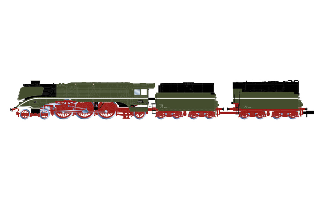 Arnold HN2665 DR, Dampflokomotive 02 0201-0, chromgrüne Farbgebung mit weißer Zierlinie, mit Ölfeuerung und Zusatztender, Ep. V
