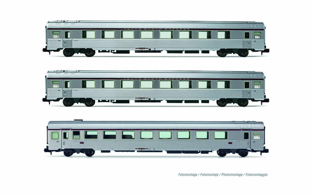 Arnold HN4498 SNCF, 3-tlg. Set klimatisierter Reisezugwagen der Bauart „Mistral 69“, TEE „Jules Verne“, Ep. IV