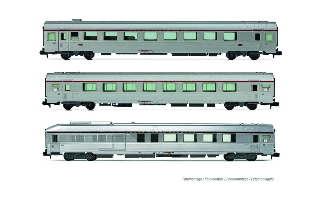 Arnold HN4501 SNCF, 3-tlg. Set TEE-Wagen „Mistral“, Nizza - Paris, bestehend aus 1 x Arux + 1 x A8u + 1 x AD4tux, silberne Farbgebung, Ep. IV
