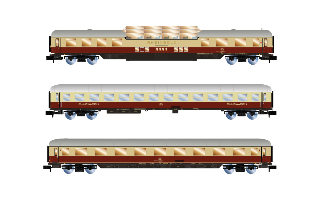 Arnold HN4507 AKE, 3-tlg. Set „Rheingold“, Set 1/2, bestehend aus 1 x Aussichtswagen ARDm + 1 x Clubwagen WGmh + 1 x Wagen Avmz, Ep. VI
