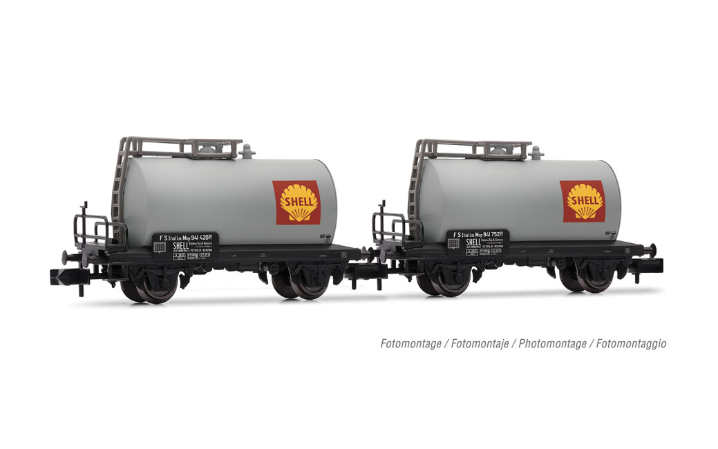 Arnold HN6701 FS, 2-tlg. Set 2-achs. Kesselwagen „Shell“ in silberner Farbgebung, Ep. III-IV