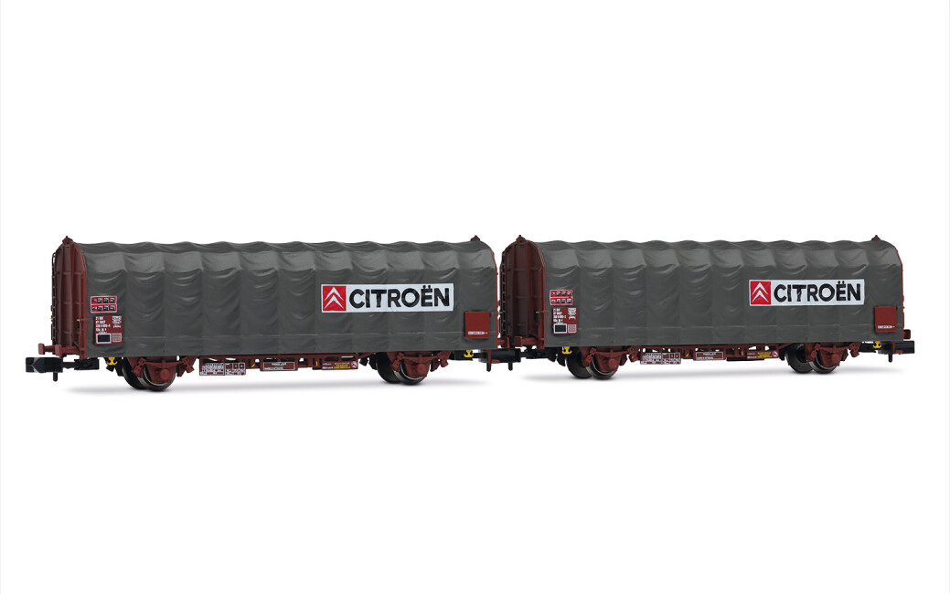 Arnold HN6712 SNCF, 2-tlg. Set 2-Achs Schiebeplanenwagen „Citroën“, Typ Kijls K70, Ep. IV-V