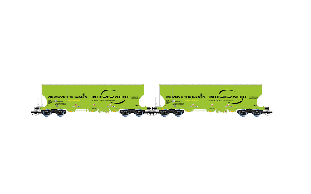 Arnold HN9759 CZ-interfracht, 2-tlg. Set 4-achs. Getreidesilowagen, neongrüne Farbgebung, Ep. VI