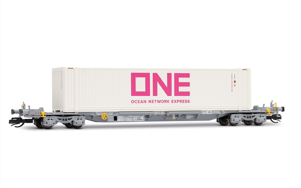 Arnold HN9762 4-achs. Containertragwagen, grau, mit weißem 45-Container „ONE“, Ep. VI