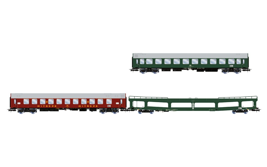 Rivarossi HR4418 DR, 3-tlg. Set des Autoreisezug „Berlin – Lörrach“, bestehend aus 1 x Bc, 1 x WLAB und 1 x DDm, in grün-roter Farbgebung, Ep. IV