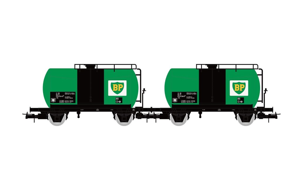 Rivarossi HR6567 FS, 2-tlg. Set 2-achs. Kesselwagen „BP“, Ep. IV