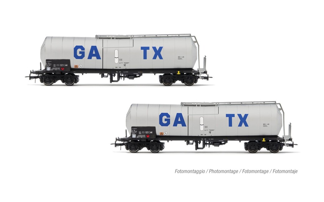 Rivarossi HR6667 GATX, 2-tlg. Set isolierter 4-achs. Kesselwagen, silberne Farbgebung mit großem GATX-Logo, Ep. VI