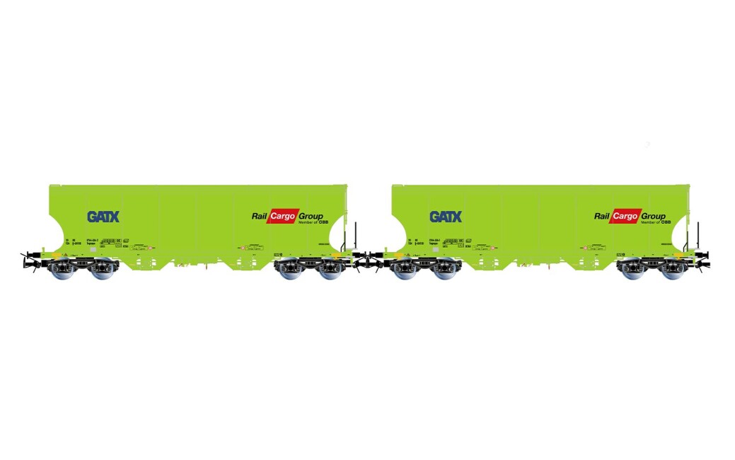 Rivarossi HR6674 GATX, 2-tlg. Set 4-achs. Getreidesilowagen „RAIL CARGO GROUP“, neongrüne Farbgebung, Ep. VI