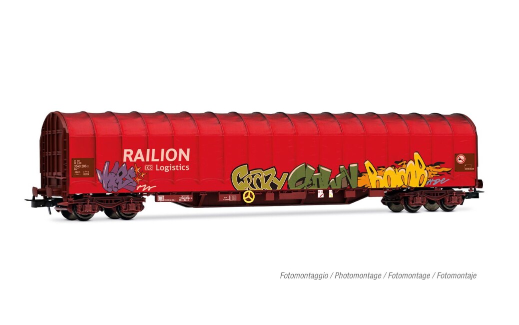 Rivarossi HR6680 DB AG, 4-achs. Schiebeplanenwagen „RAILION DB LOGISTICS“, Typ Rils, rote Farbgebung mit Graffiti, Ep. V-VI
