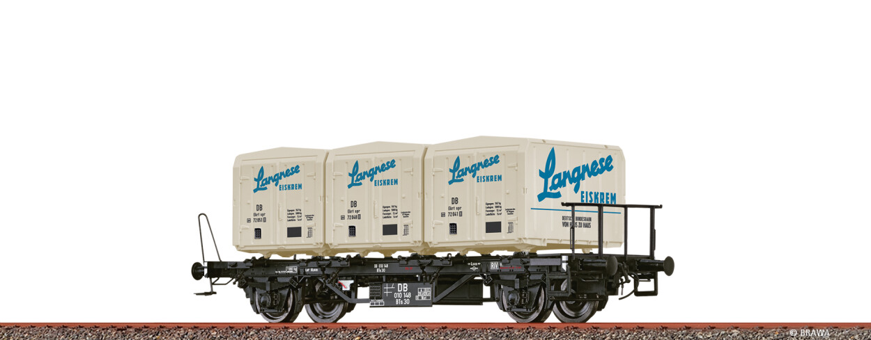 Brawa 50918 H0 Behältertragwagen BTs30 DB, mit Ekrt212 "Langnese Eiskrem" Ep. III