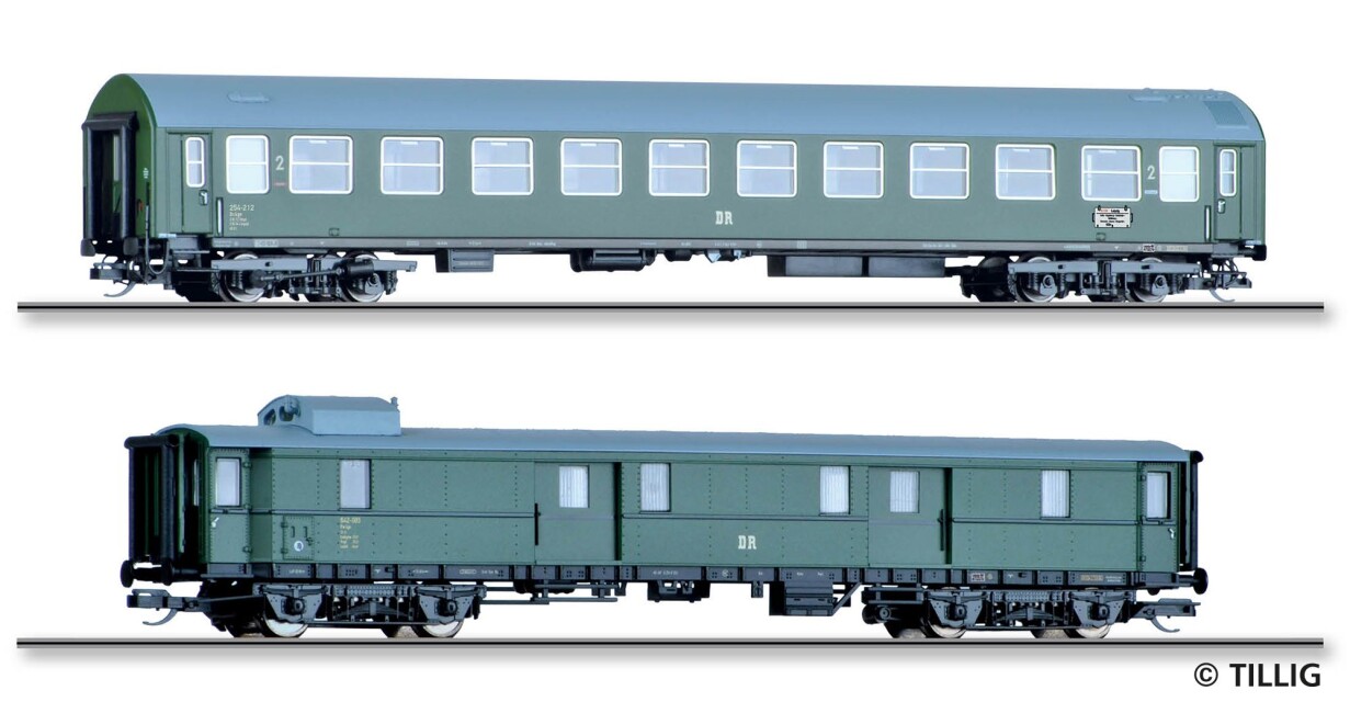 Tillig 01095 Reisezugwagenset „D 118 Leipzig-Köln“ der DR, bestehend aus einem Liegewagen 2. Klasse, Typ B und einem Gepäckwagen Pw4i-32, Teil 4, Ep. III - Einmalauflage 2025