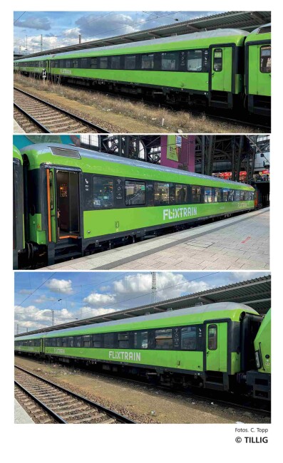 Tillig 01100 Reisezugwagenset „Flixtrain“, Teil 1, bestehend aus zwei Reisezugwagen Bmmz 264.4 und einem Bmmbz 166.4, Ep. VI