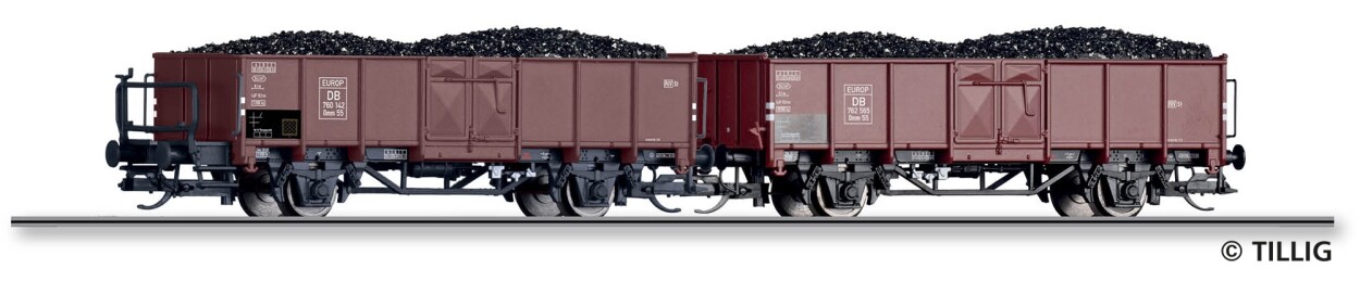 Tillig 01106 Güterwagenset der DB, bestehend aus zwei offenen Güterwagen Omm 55 mit Steinkohle-Ladung, Ep. III