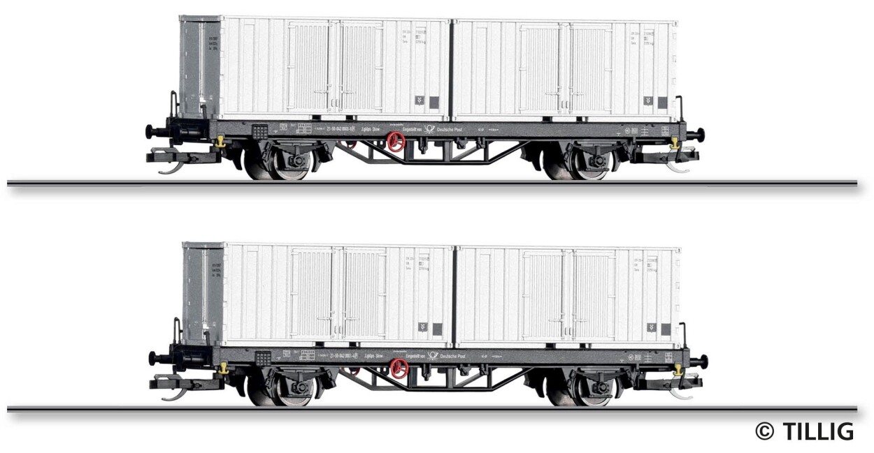 Tillig 01109 Güterwagenset der Deutschen Post, bestehend aus zwei Containertragwagen Lgklps mit Beladung, Ep. IV