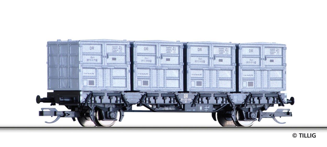 Tillig 14913 Behältertragwagen BT der DR, beladen mit vier Haus-zu-Haus Behältern, Ep. III