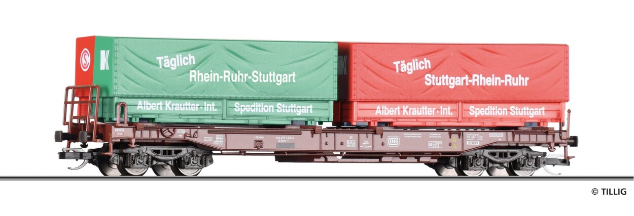 Tillig 18159 Taschenwagen Sdkms 707 der DB, beladen mit Wechselpritschen „Krautter &Simon“, Ep. IV