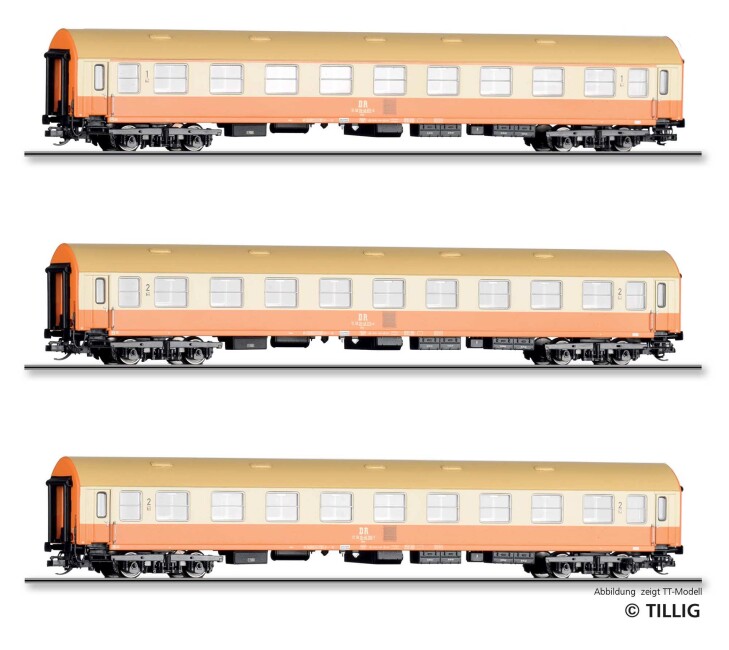 Tillig 70063 Reisezugwagenset „Städteexpress“ der DR, bestehend aus drei
Reisezugwagen Typ Y/B 70, Ep. IV