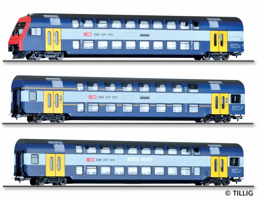 Tillig 70065 Reisezugwagenset der SBB, bestehend aus einem Doppelstock-
Steuerwagen Bt, einem 1./2. Klasse-Wagen AB und einen 2. Klasse-Wagen B, Ep. V