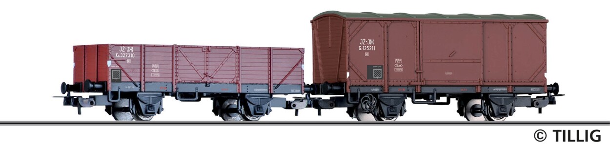 Tillig 70068 Güterwagenset der JZ, bestehend aus einem gedeckten Güterwagen und einem offenen Güterwagen, USTC-Bauart, Ep. III