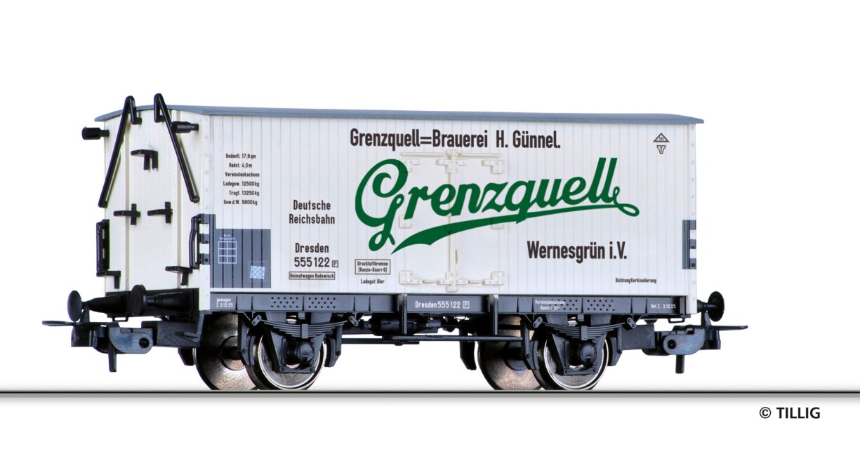 Tillig 77069 Kühlwagen „Brauerei Grenzquell“, eingestellt bei der DRG, Ep. II