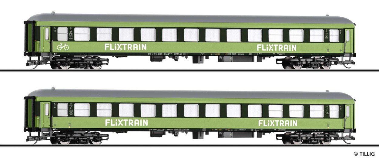 Tillig 01101 2tlg. Reisezugwagenset Teil 2, „Flix Train“, Ep. VI
