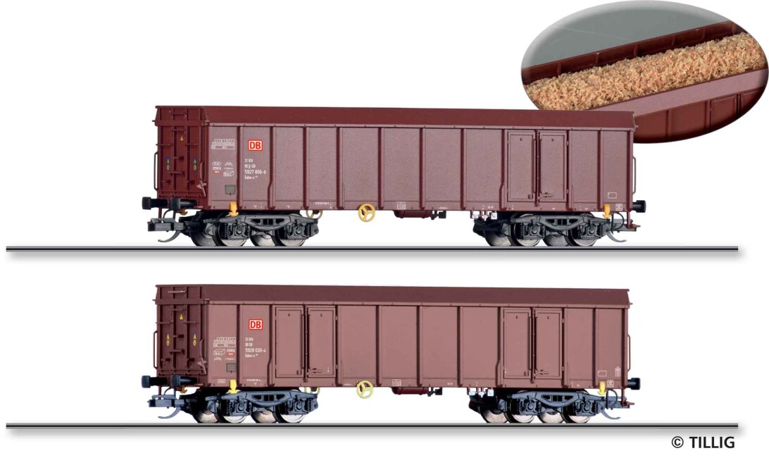 Tillig 01107 2tlg. Güterwagenset aus offenen Güterwagen Ealos-x 053, mit Hackschnitzel, DB AG, Ep. VI