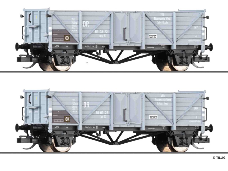 Tillig 502800 Set mit zwei Güterwagen Om;  "VEB Eisenwerke West", DR, Ep. III Clubmodell 2026