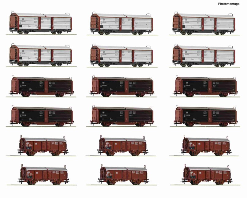 Roco 6600340 Display: Rangierbahnhof/Schiebedach-/Schiebewandwagen 18-tlg. Display, DB, Ep. IV