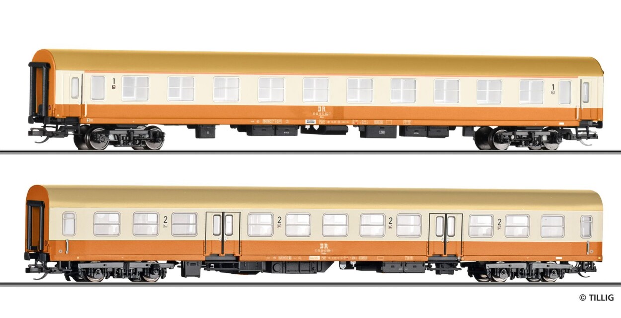 Tillig 01123 Reisezugwagenset „Städteexpress“ der DR, bestehend aus zwei Reisezugwagen Bauart Halberstadt, Ep. IV