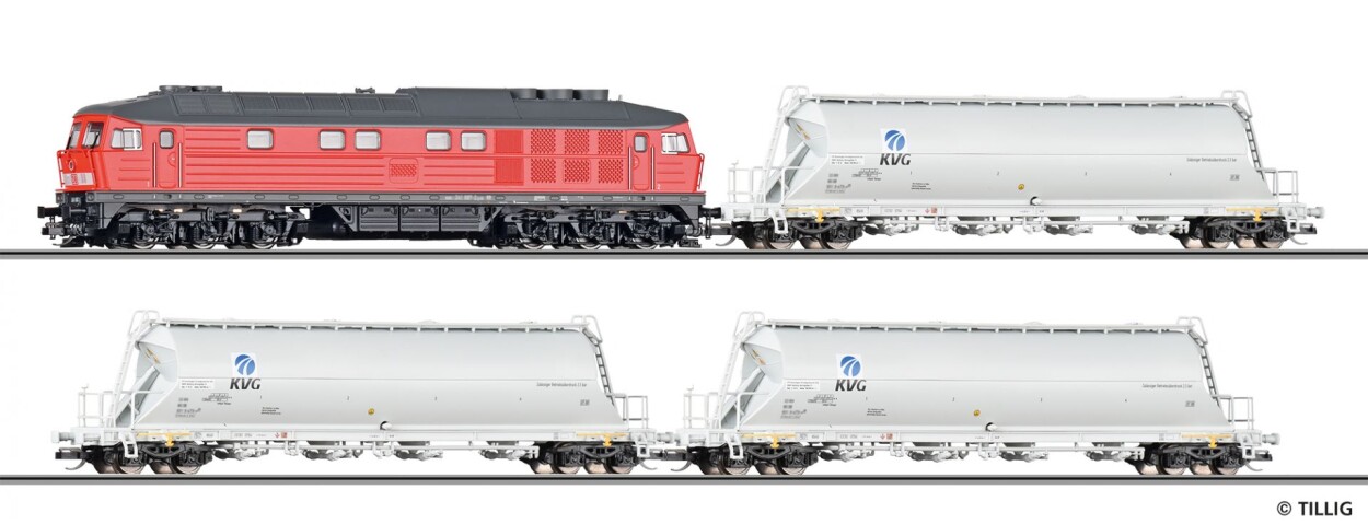 Tillig 01503 Premium-Einsteiger-Set: Güterzug der DB AG bestehend aus Diesellokomotive BR 232 und drei Staubbehälterwagen Uacs, Ep. V