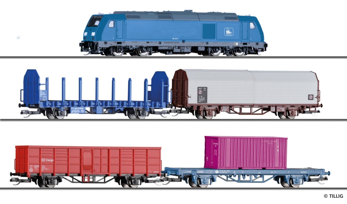 Tillig 01507 Einsteiger-Set: Internationaler Güterzug, bestehend aus Diesellokomotive „TRAXX“, mit 4 Güterwagen, Ep. VI